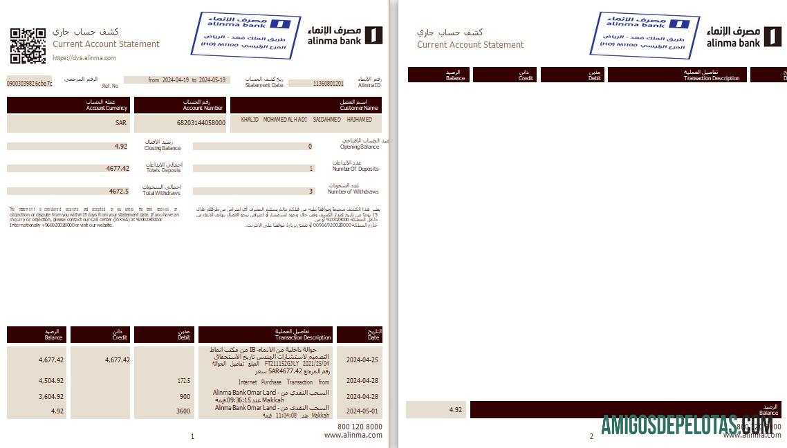 Extrato do Banco Alinma da Arábia Saudita de 3 a 6 meses Word e PDF exemplo, 2 páginas amostra